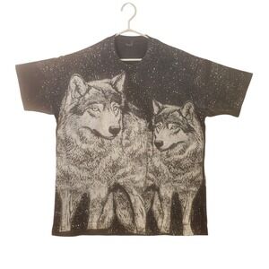 Vintage 1993 Super Wolf All Over Print T Shirt Mens Black White 90s Nature Tee